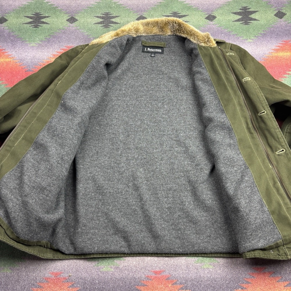 J Peterman Military Coat Jacket Men's Small Green Canvas USN N1 Deck Stencil - Picture 10 of 12